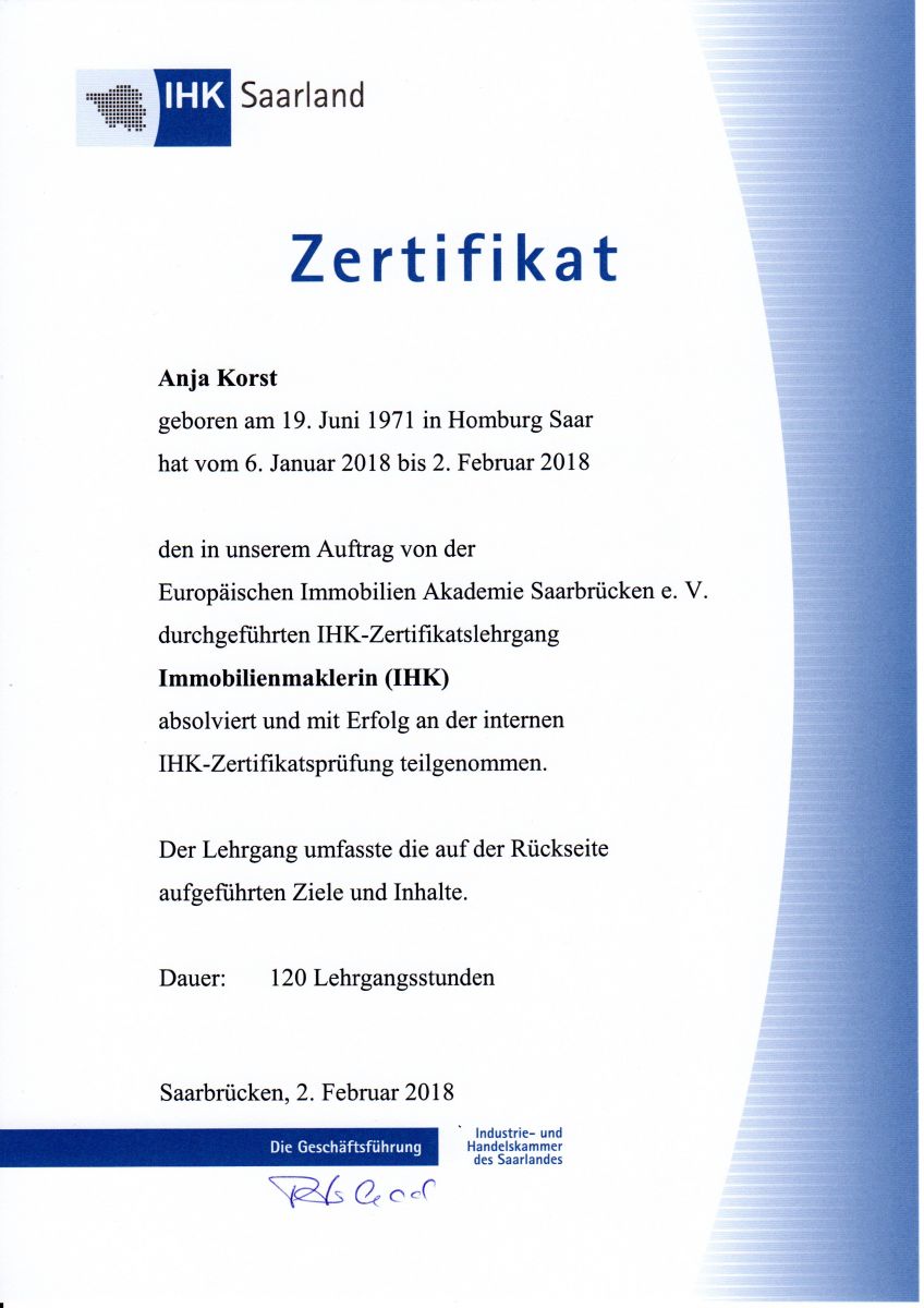 IHK-Zertifikat für die Immobilienmaklerin Anja Korst